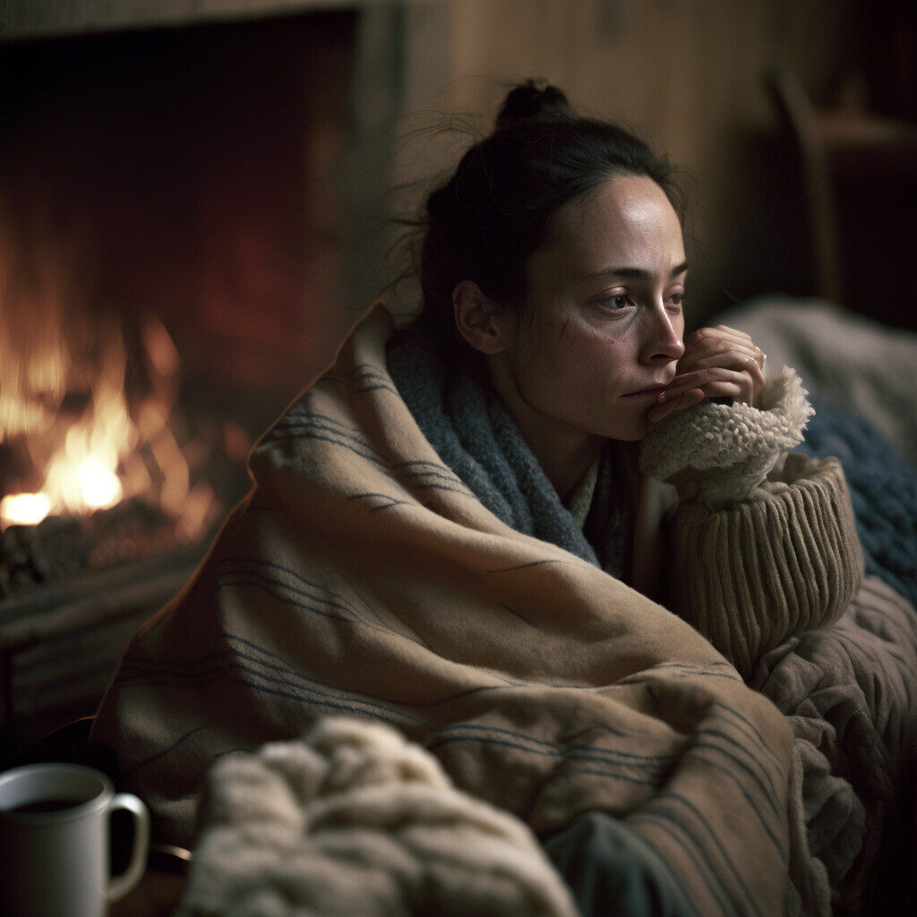 Psilocybin and Anxiety Relief Concept: A person sitting by a cozy fireplace, wrapped in soft blankets and pillows, sipping on tea. Psilocybin's effects on anxiety depicted through a comforting and soothing atmosphere.
