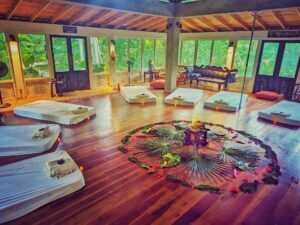 Interior view of ONE Retreats' resort in Negril, Jamaica, showcasing a peaceful group setting.