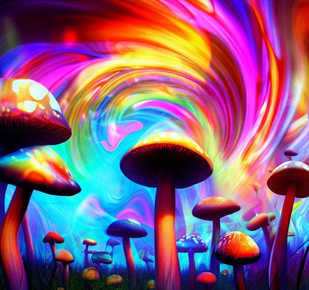 Colorful magic mushrooms in various shapes and sizes, representing the enchanting world of psychedelics.