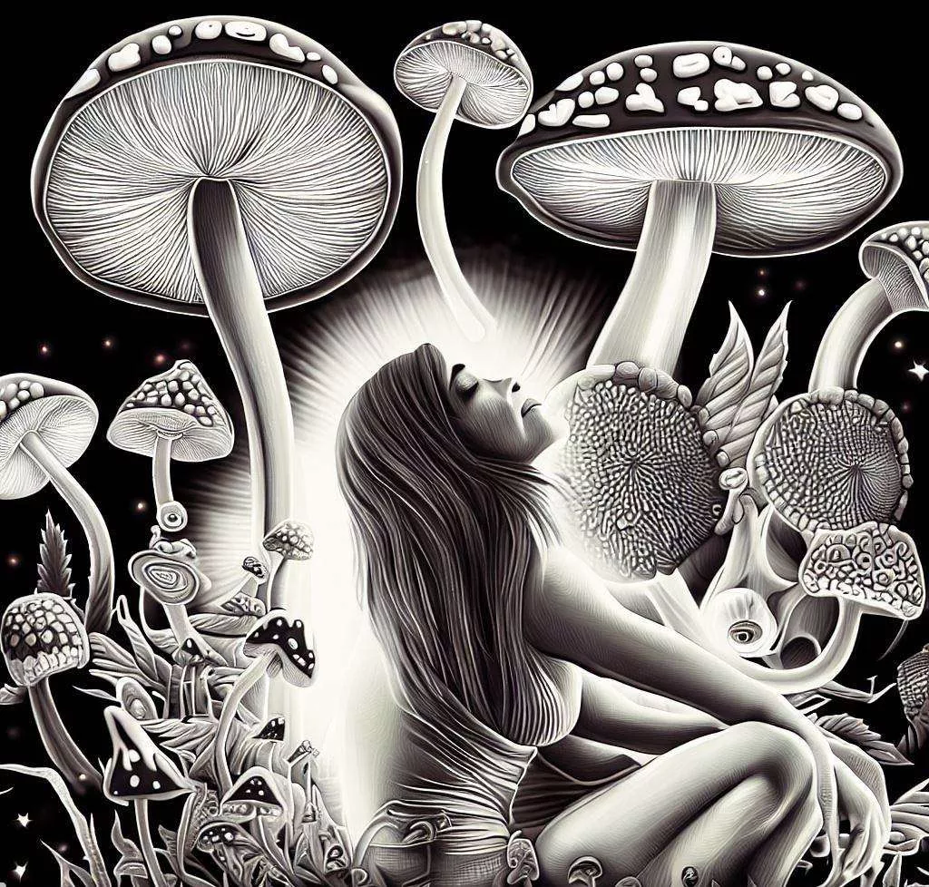 A black and white illustration of a woman with long hair and closed eyes with a bunch of psilocybin mushrooms in Jamaica.