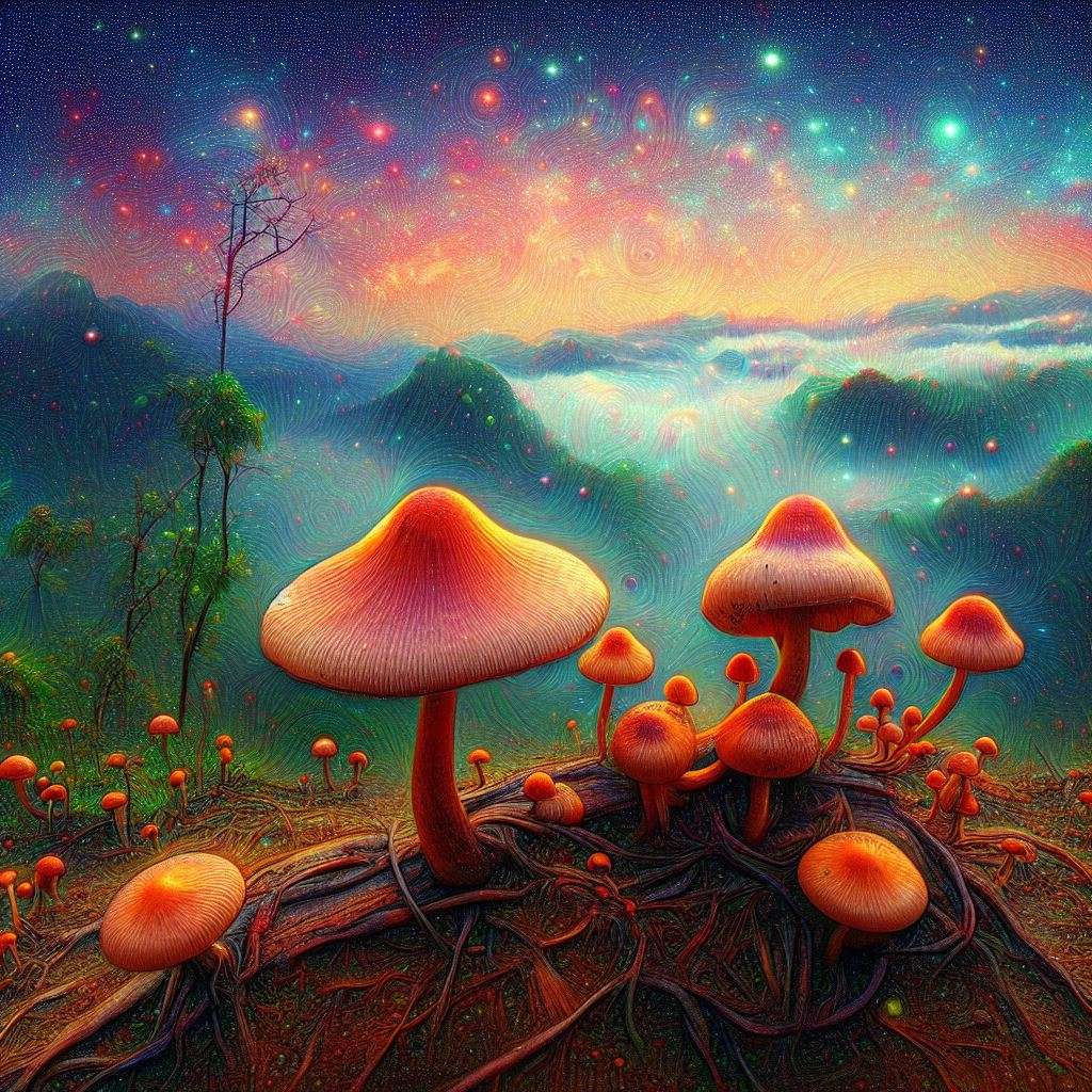 A colorful and psychedelic illustration of various types of magic mushrooms
