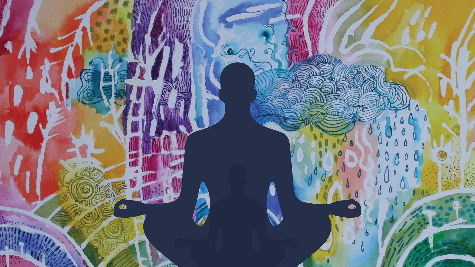 Silhouette of a person sitting cross-legged in meditation against a colorful watercolor with clouds raindrops waves and patterns suggesting different breathwork techniques