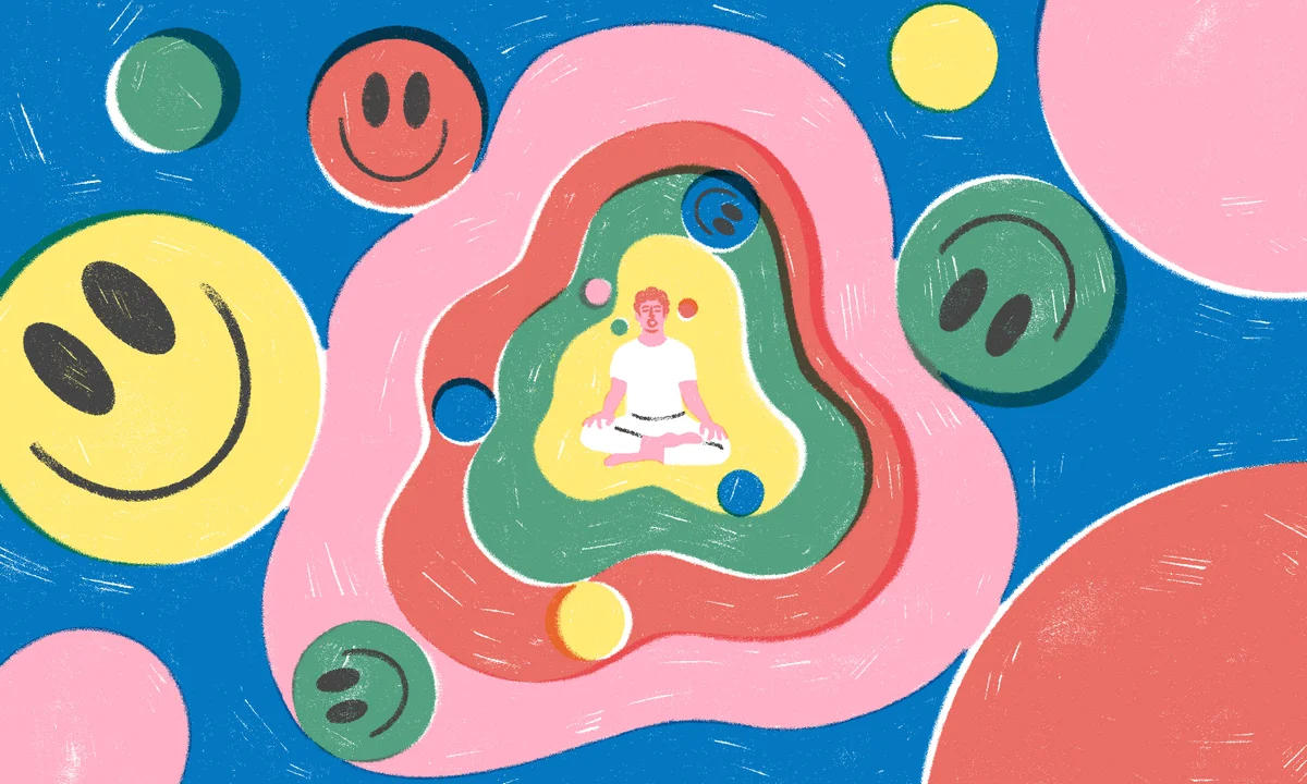 Illustration of a person sitting cross legged in meditation with bright colors and smiley faces around symbolizing myths and misconceptions about breathwork