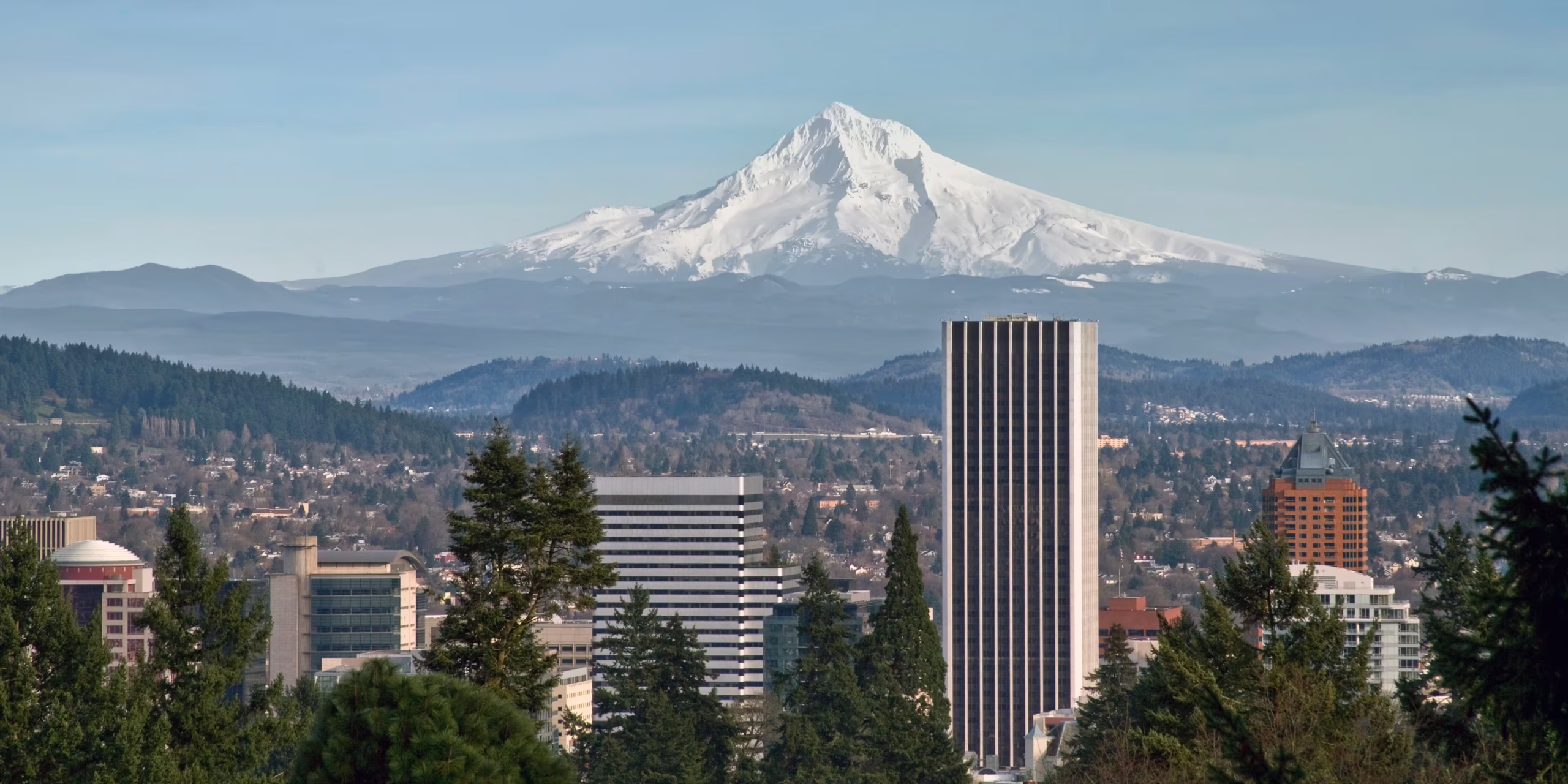View of Portland Oregon with Mount Hood in the distance symbolizing the state’s regulated psilocybin retreats under Measure 109 in 2025