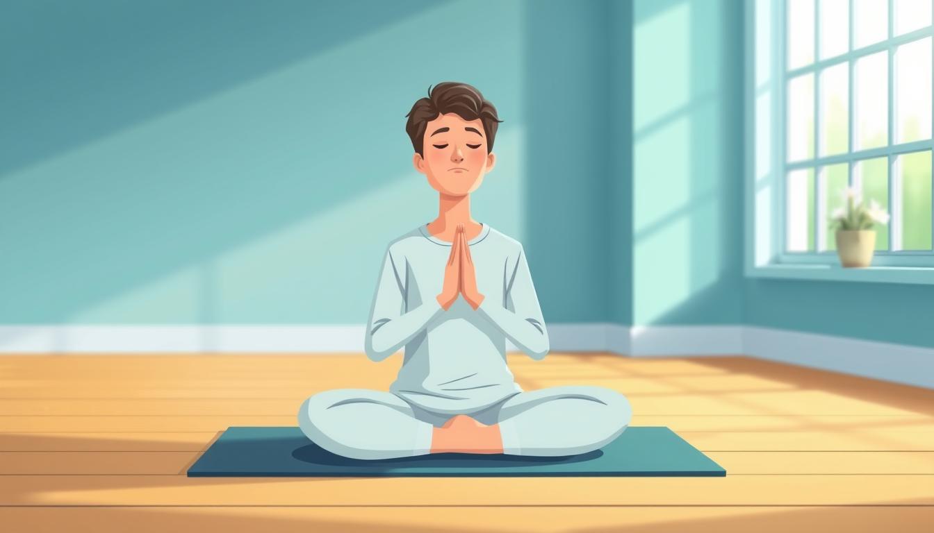 Illustration of a person sitting cross legged on a mat with eyes closed and hands together symbolizing safe conditions and careful practice in breathwork